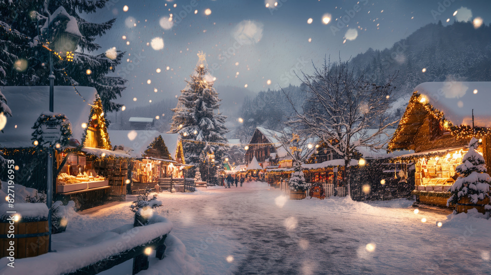 Festive holiday market glows warmly in a quaint snow-covered village square during christmas