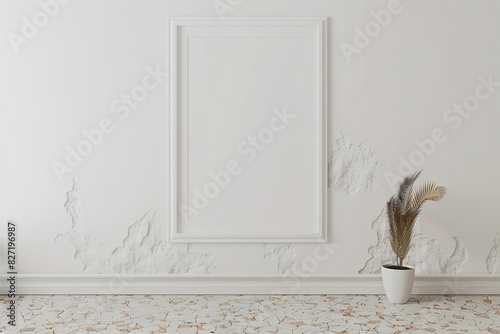 Blank frame on a white wall in a room with a coquina floor. 3D rendered mockup in ultra high definition. photo