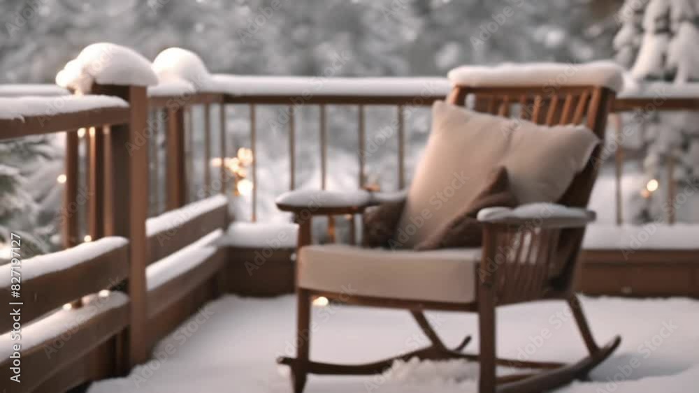 Wooden rocking chair with cozy blanket on snowy porch. Winter relaxation. Christmas and New Year ambiance Wooden rocking chair with cozy blanket on snowy porch. Winter relaxation. Christmas and New Year ambiance
