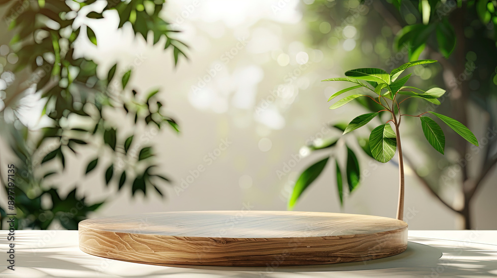 Wooden round podium with blurred nature leaf. For product display, product presentation, promoting. Wooden round podium with blurred nature leaf. For product display, product presentation, promoting.