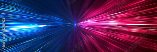 Dynamic burst of red and blue light rays converging at a central point creating a vibrant and energetic visual effect against a dark background 