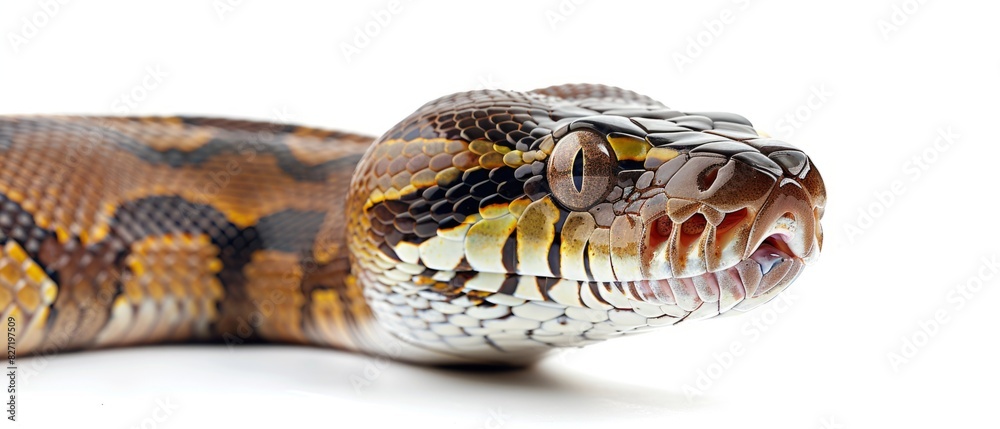 Obraz premium Close-Up of a Vibrant Python Snake on a White Background - Stunning Detail and Colorful Patterns