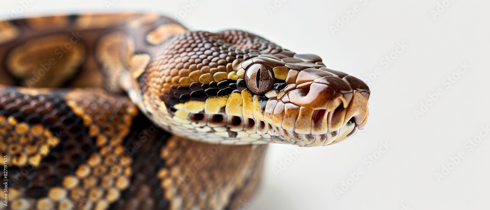 Close-Up of a Python Snake Highlighting Detailed Scales and Complex Patterns on White Background Close-Up of a Python Snake Highlighting Detailed Scales and Complex Patterns on White Background