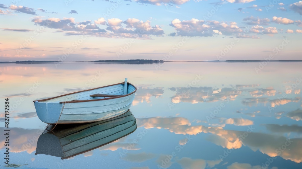 Tranquil Rowboat on Serene Lake at Sunset with Reflective Water and Cloudy Sky in Pastel Hues Tranquil Rowboat on Serene Lake at Sunset with Reflective Water and Cloudy Sky in Pastel Hues