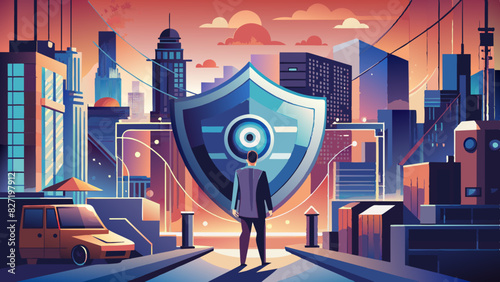Futuristic Cybersecurity Defender Stands Before Shield in Smart Cityscape