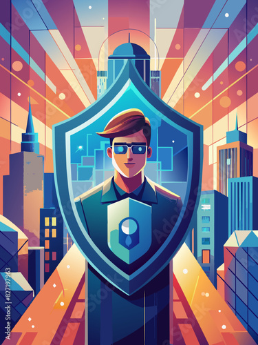 Cybersecurity Hero: Digital Protector in a Futuristic Cityscape