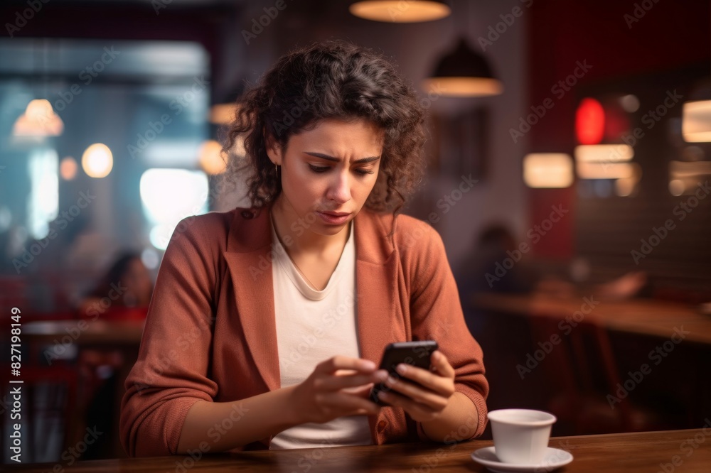 frustrated and sad young woman texting on her phone while sitting in cafe. frustrated and sad young woman texting on her phone while sitting in cafe.