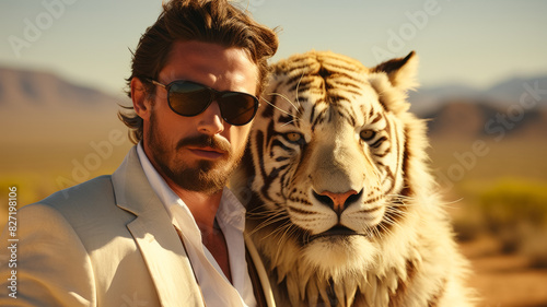 Visualize a suave tiger in a tailored safari jacket, accessorized with a leather belt photo