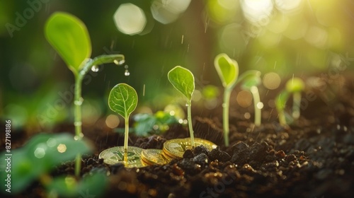 Illustrate seedlings growing stronger, their stems thickening and leaves expanding to catch the sunlight, utilizing the rain and nutrients from the surrounding environment. And gold coins