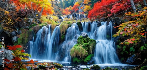  A crystal-clear waterfall cascading down moss-covered rocks  surrounded by vibrant autumn foliage in shades of red  orange  and yellow.  