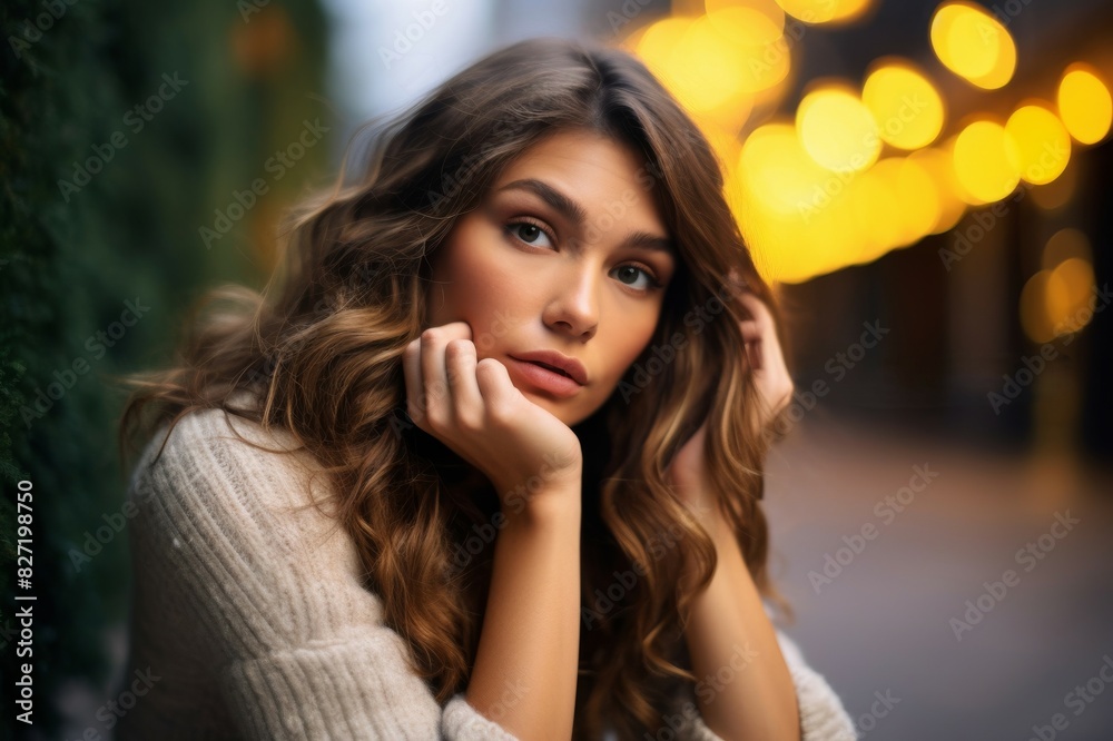 outdoor portrait of a young brunette woman leaning her head on her hands outdoor portrait of a young brunette woman leaning her head on her hands
