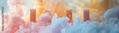 Licorice chimneys puffing cotton candy smoke, whimsical fantasy landscape illustration