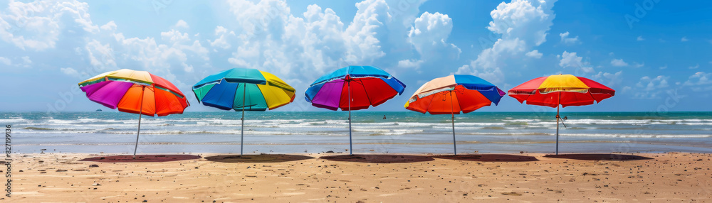 Colorful beach umbrellas lined up on the sandy shore, calm waves in the background, bright sunny day, realistic photography, high detail, relaxation and leisure Colorful beach umbrellas lined up on the sandy shore, calm waves in the background, bright sunny day, realistic photography, high detail, relaxation and leisure