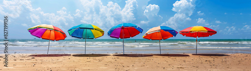 Colorful beach umbrellas lined up on the sandy shore, calm waves in the background, bright sunny day, realistic photography, high detail, relaxation and leisure