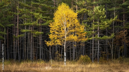 A solitary birch tree encircled by pine trees in the woods
