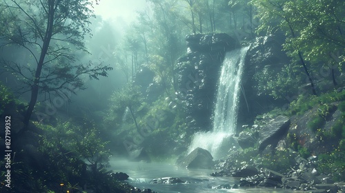 A misty forest with a waterfall and a clear sky © Be Naturally