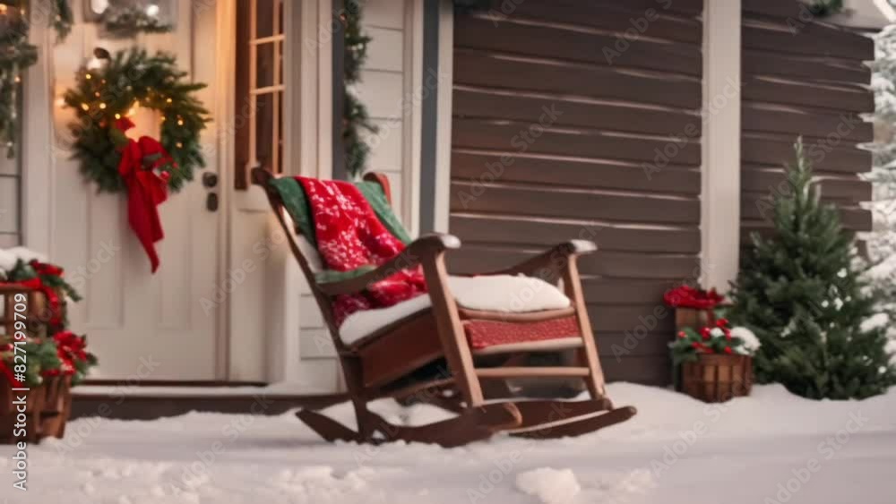 Wooden rocking chair with cozy blanket on snowy porch. Winter relaxation. Christmas and New Year ambiance Wooden rocking chair with cozy blanket on snowy porch. Winter relaxation. Christmas and New Year ambiance