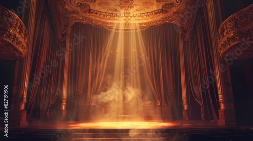 Opera singer on a grand stage with dramatic lighting, empty stage edge for copy, Opera, Digital art photo