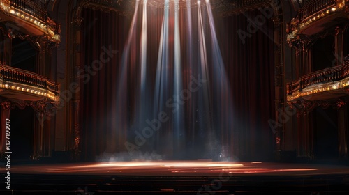 Opera singer on a grand stage with dramatic lighting, empty stage edge for copy, Opera, Digital art