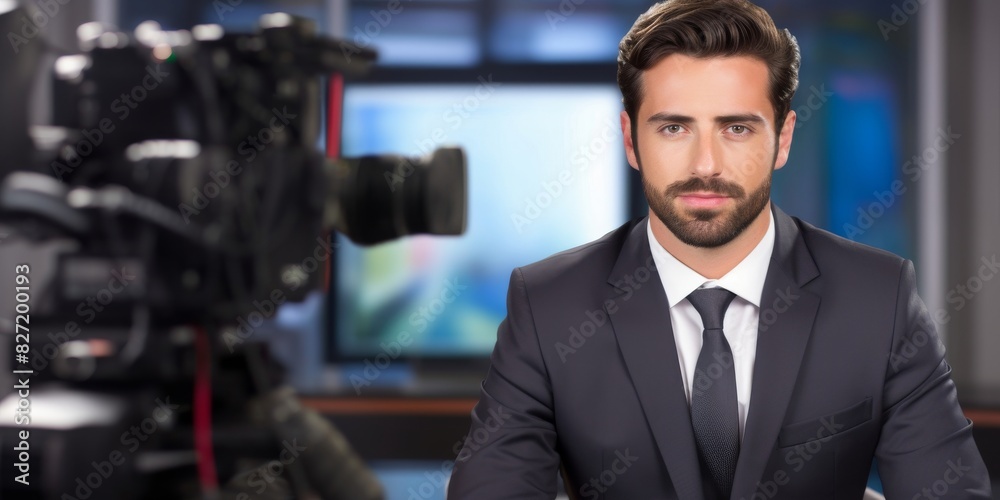 television host in studio reading the news in front of camera television host in studio reading the news in front of camera