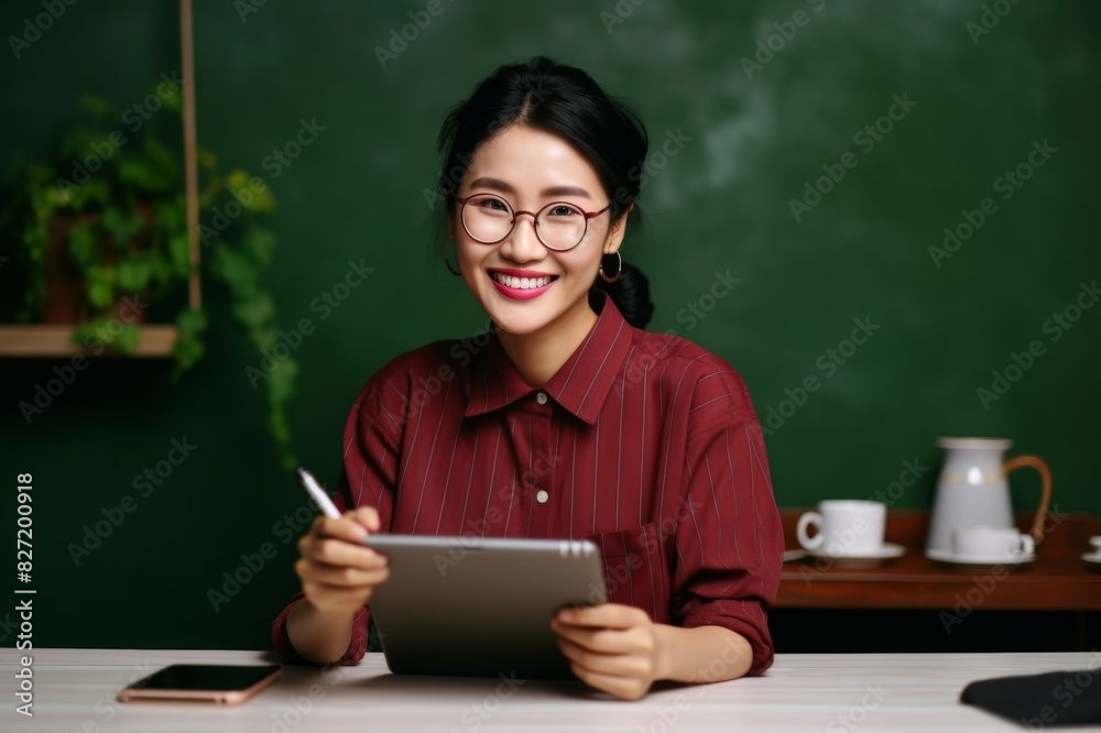 A Beautiful Smiling Female Teacher Sitting At The Table And Having An Online Class While Looking At Camera A portrait of a happy confident Asian businesswoman holding a pencil and working on her table A Beautiful Smiling Female Teacher Sitting At The Table And Having An Online Class While Looking At Camera A portrait of a happy confident Asian businesswoman holding a pencil and working on her table