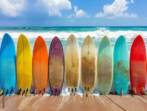 Row of surfboards lined up along the beach, blue sky and waves crashing, lively and exciting atmosphere, realistic photography, sharp focus, surfing adventure