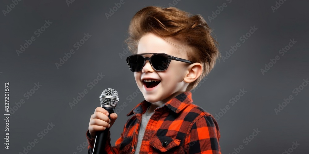 A handsome boy in a plaid shirt, gray shirt and jeans stands on a gray background. A boy wearing sunglasses. Red-haired boy sings into the microphone Charming happy child on gray background, hair A handsome boy in a plaid shirt, gray shirt and jeans stands on a gray background. A boy wearing sunglasses. Red-haired boy sings into the microphone Charming happy child on gray background, hair