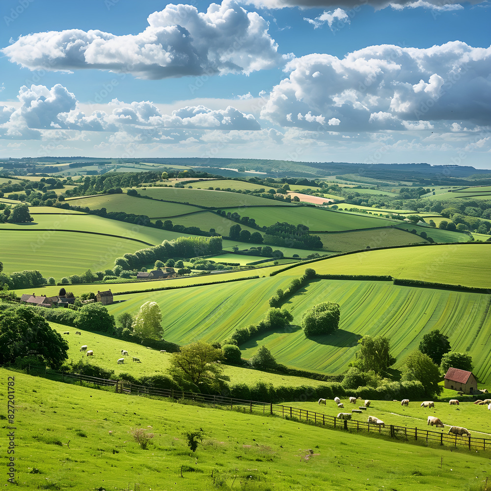 Tranquil Countryside Panorama with Rolling Hills, Farmlands, and Blue Skies