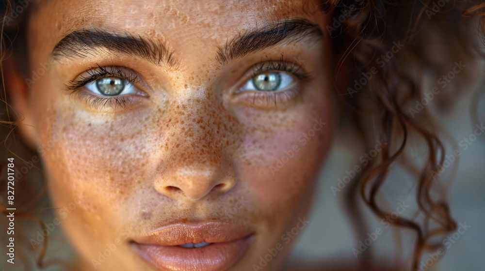 Close-up of a woman's face, highlighting her smooth, healthy skin and confident expression Close-up of a woman's face, highlighting her smooth, healthy skin and confident expression