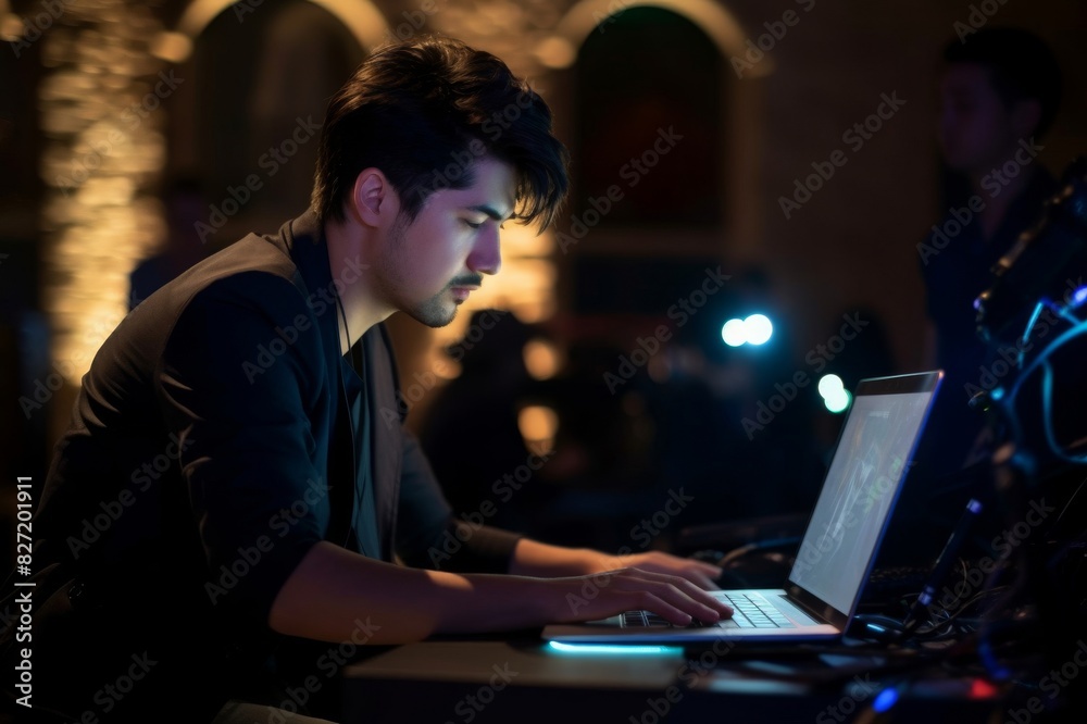 A male performer is making music using a computer during a live music event A male performer is making music using a computer during a live music event