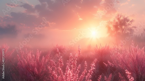 A serene sunrise over a misty landscape  bathed in soft pastel hues of pink and orange