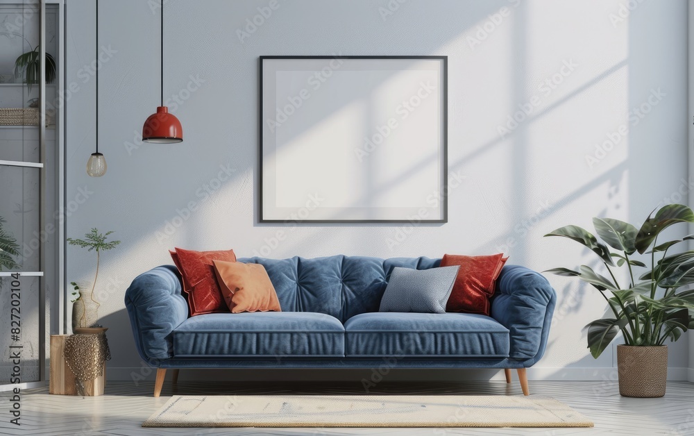 Stylish living room with a deep blue sofa and terracotta pillows near houseplant, hanging lamp, and blank square picture frame on a white background Stylish living room with a deep blue sofa and terracotta pillows near houseplant, hanging lamp, and blank square picture frame on a white background