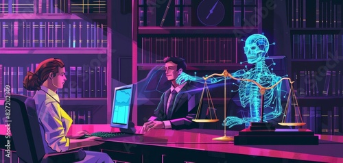Produce a digital illustration depicting artificial intelligence assisting a lawyer with legal research, showing a dynamic interaction between a human lawyer and a computer