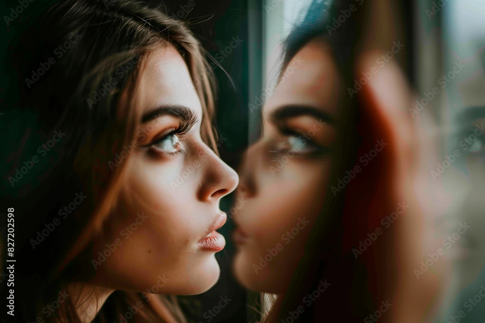 A woman is looking at her reflection in a window A woman is looking at her reflection in a window