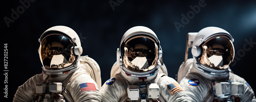 Three Astronauts in Spacesuits Standing in Front of a Spotlight
