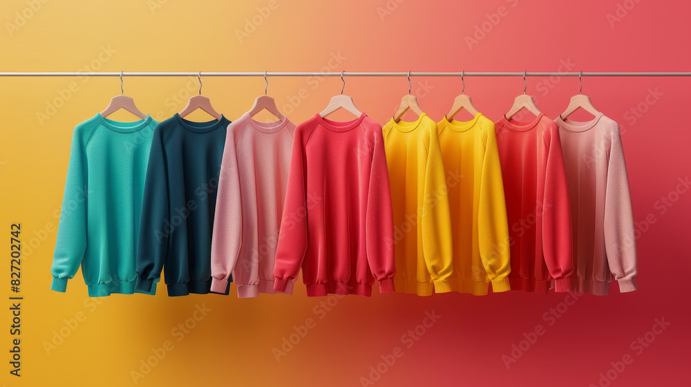 A row of brightly colored sweatshirts hanging on a rack A row of brightly colored sweatshirts hanging on a rack