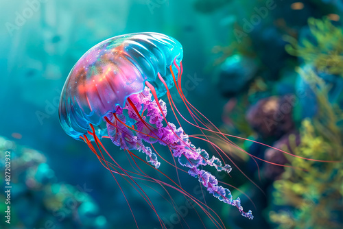 A large, colorful jellyfish is floating in the ocean
