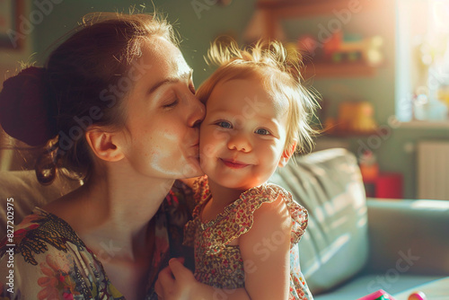 A woman is kissing a baby on the cheek photo