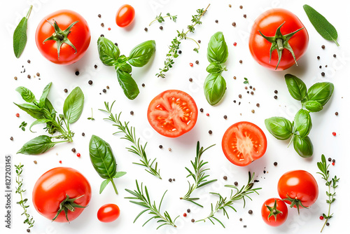 A close up of a variety of vegetables including tomatoes, basil, and rosemary