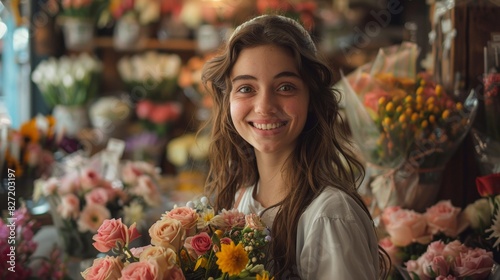 portrait of a beautiful caucasian young woman florist among beautiful bouquets in a flower shop smiling looking at the camera