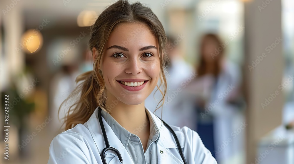 smiling doctor holds a computer tablet standing female healthcare professional holding test results with colleagues in the backdrop smiling doctor holds a computer tablet standing female healthcare professional holding test results with colleagues in the backdrop