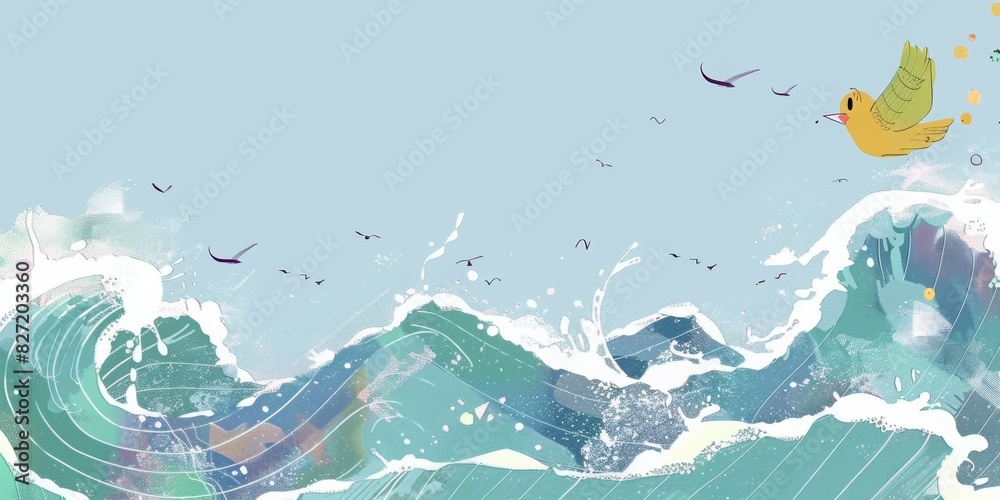 Fototapeta premium Hand-drawn style, simple drawing, flat children's illustration, ancient times, long shot, original style, a yellow bird, in the upper right corner of the picture, surging waves in the background, the 