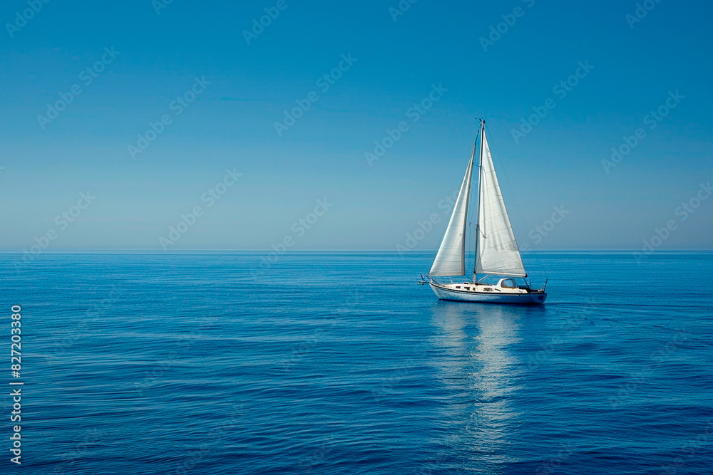 A sailboat is floating on a calm blue sea
