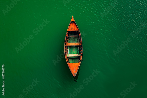 A small boat is floating on a green body of water