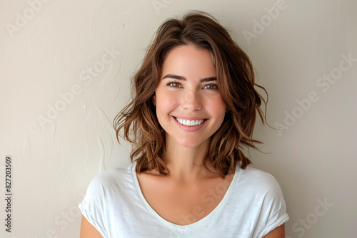 A woman with short brown hair and a white shirt is smiling