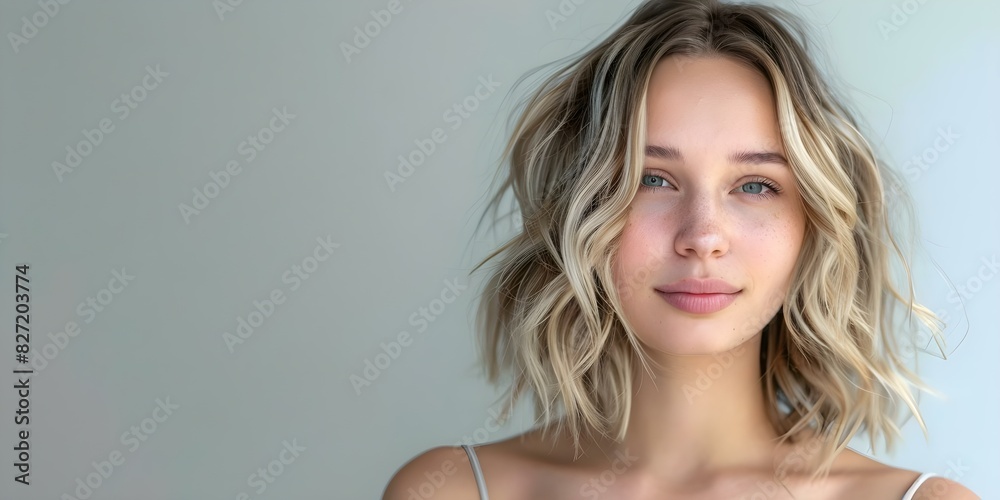 Fototapeta premium Portrait of a Caucasian Woman with Gorgeous Blonde Wavy Hair in a Studio Setting. Concept Studio Photoshoot, Beauty Portrait, Blonde Hair, Caucasian Model, Elegant Pose
