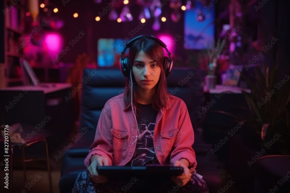 A young female gamer is playing games in the living room at night A young female gamer is playing games in the living room at night