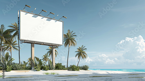 High-definition 3D render of a minimalist beachside billboard, blank for summer ads.