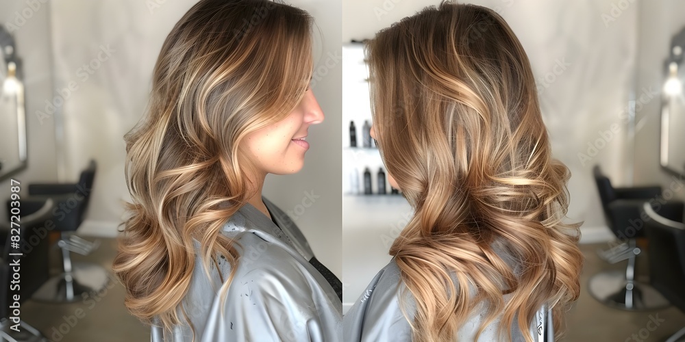 A woman with luscious wavy hair getting colored and styled professionally. Concept Hair coloring, Professional styling, Luscious waves, Beautician's craft, Transformation A woman with luscious wavy hair getting colored and styled professionally. Concept Hair coloring, Professional styling, Luscious waves, Beautician's craft, Transformation