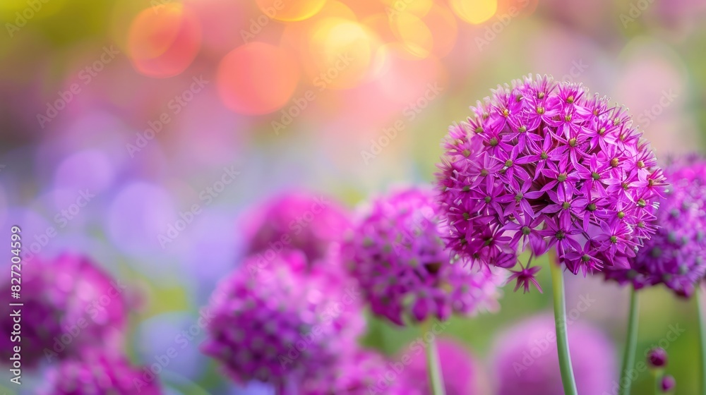 Obraz premium Closeup of vibrant purple flowers with a soft, colorful bokeh background.